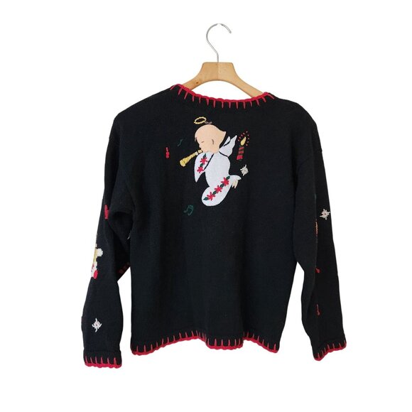 Vintage Angel Christmas Cardigan Sweater Black Red Winter Holiday Party Grandma - Picture 2 of 10